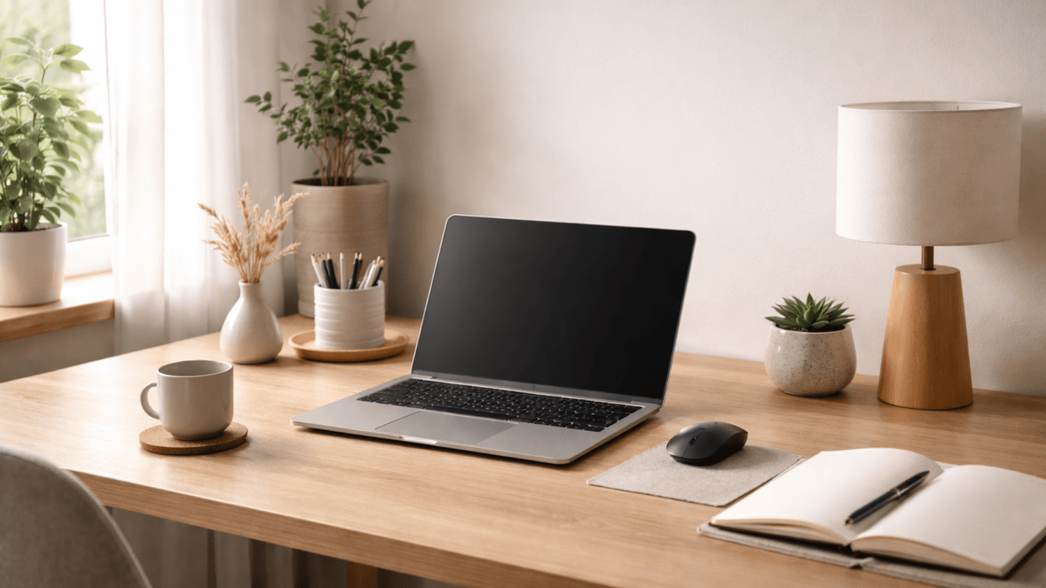 Workspace with essential tools like a laptop and notebook placed neatly and easily accessible, promoting focus and productivity