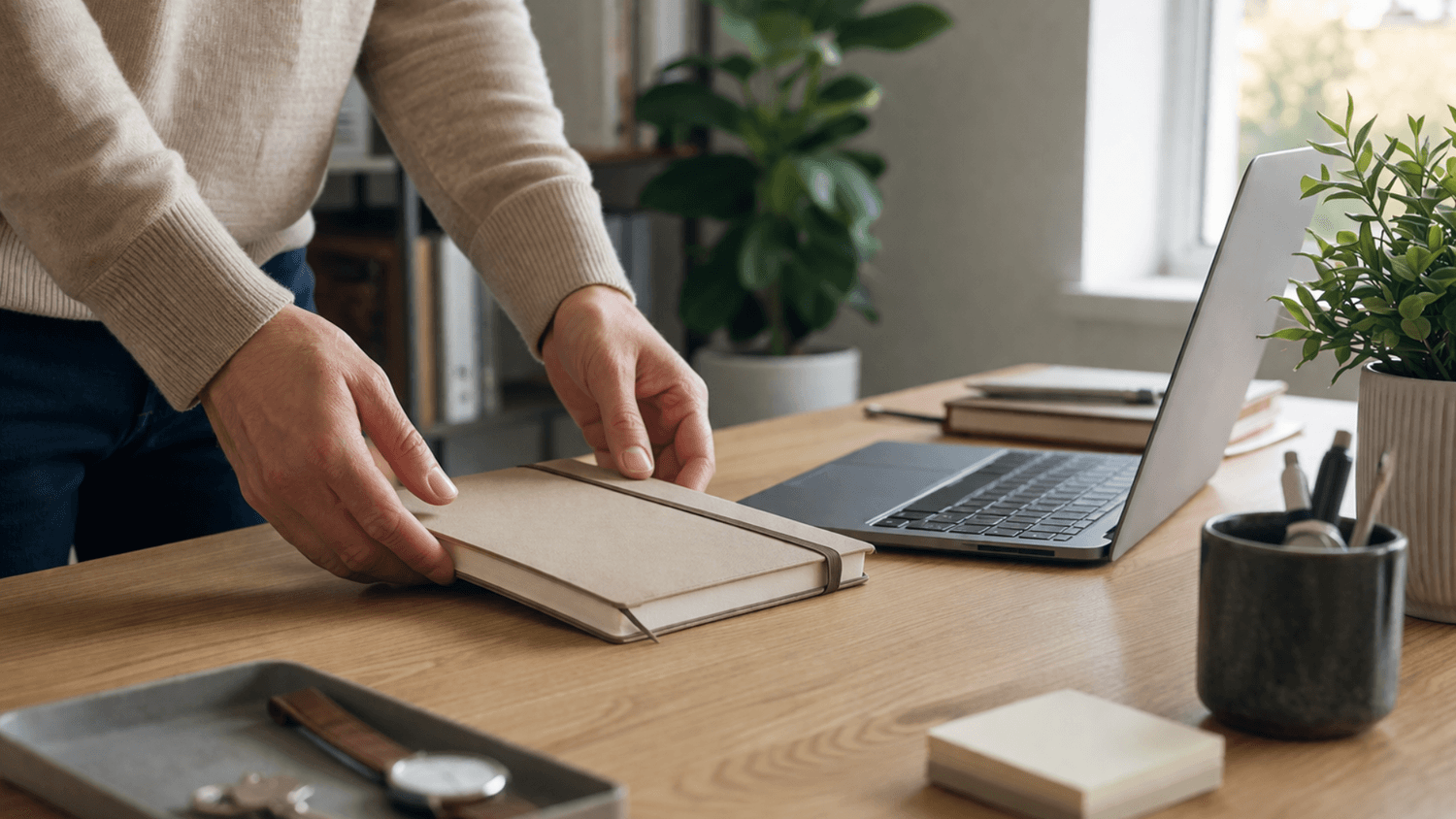 Hands organizing a desk with a notebook and laptop, preparing a clean and structured workspace before starting work