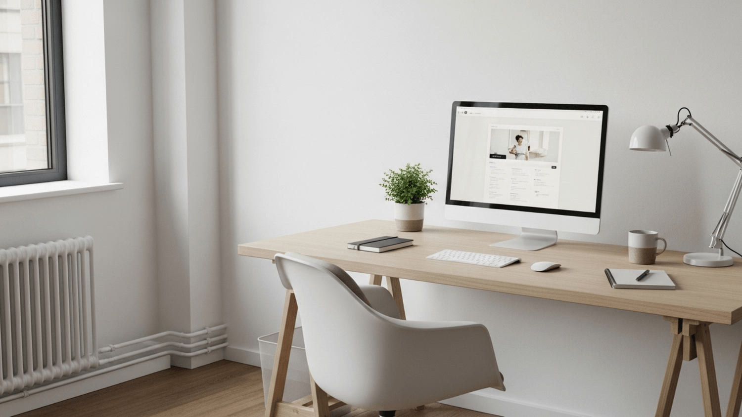 Minimal and well-designed workspace with clean lines and natural light, emphasizing discipline and clarity