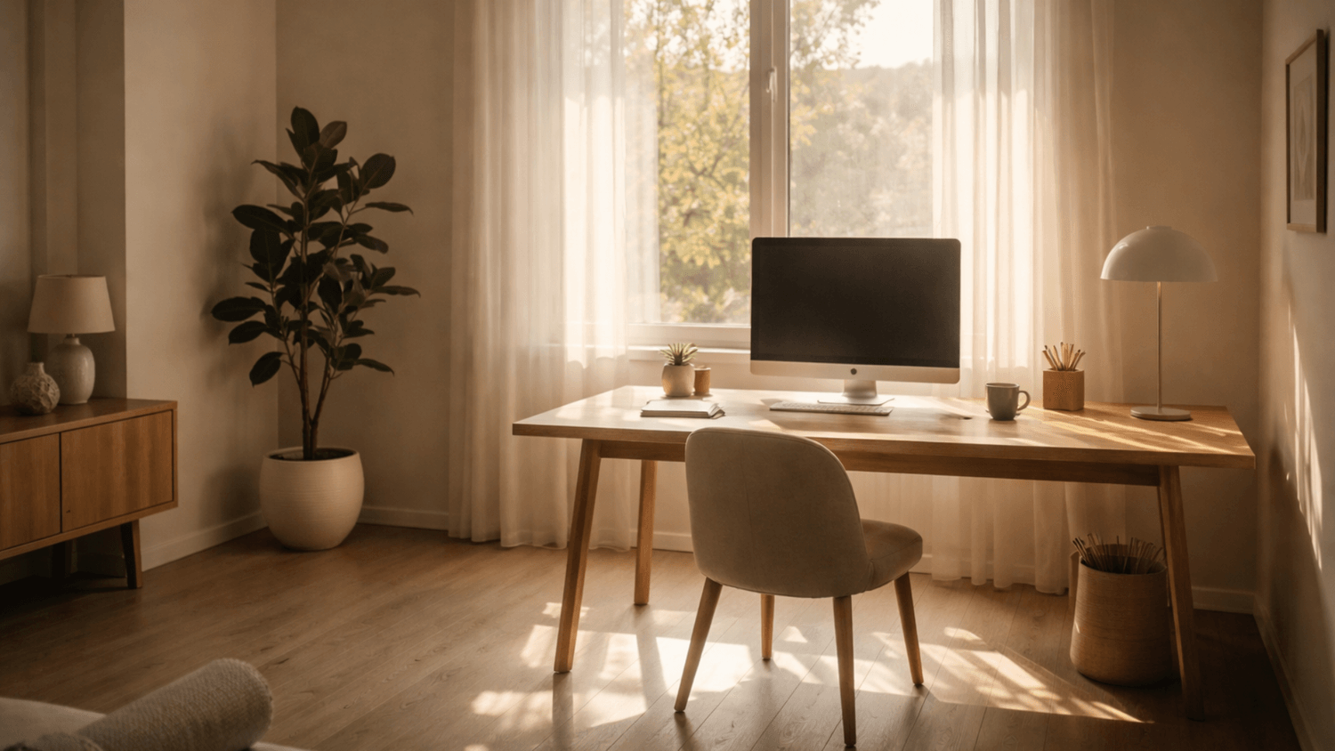 Calm minimal workspace with soft sunlight and clean desk setup, creating a peaceful and focused environment