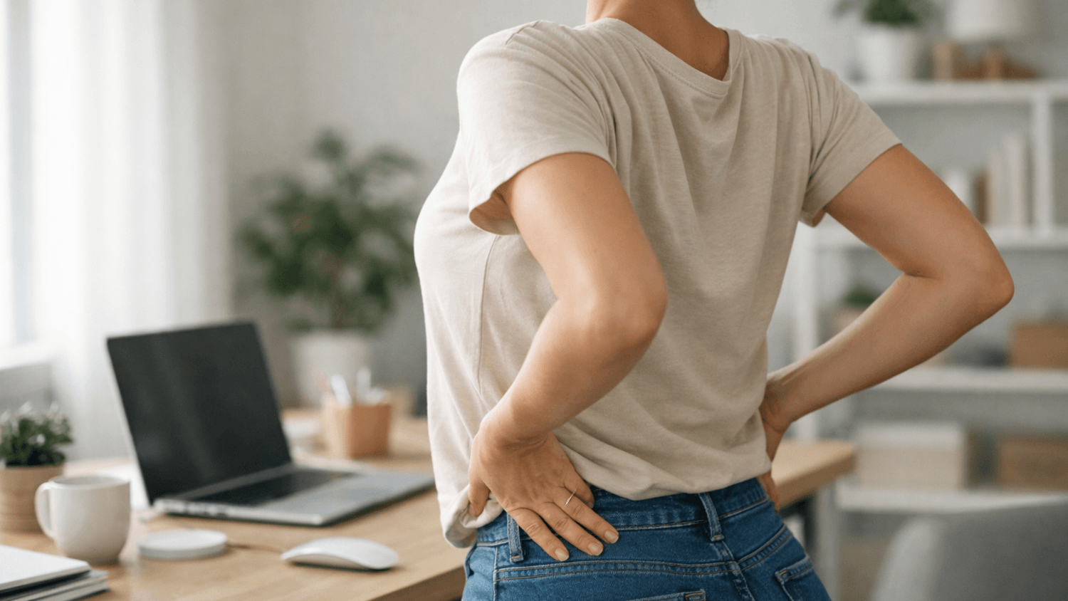 Person rolling shoulders back while standing near a desk in a bright workspace to improve posture alignment