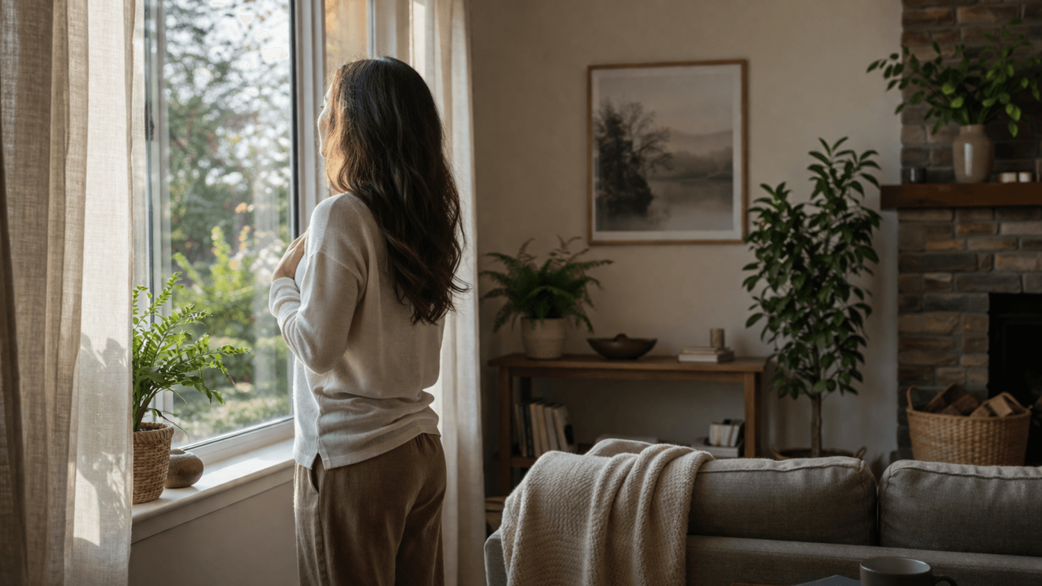 Person standing near a window taking a deep breath with chest expanding in a calm and well-lit home environment