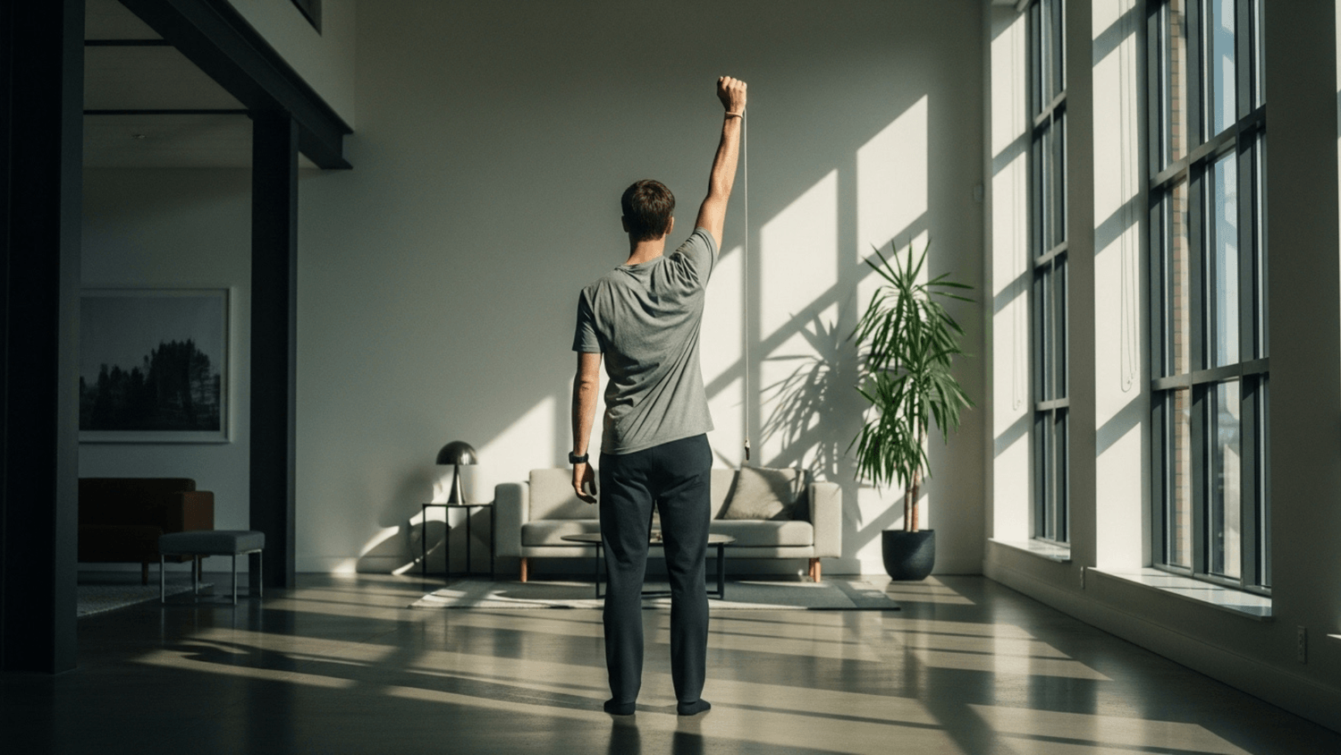 Person standing tall with aligned shoulders and upright posture in a bright modern room with natural light