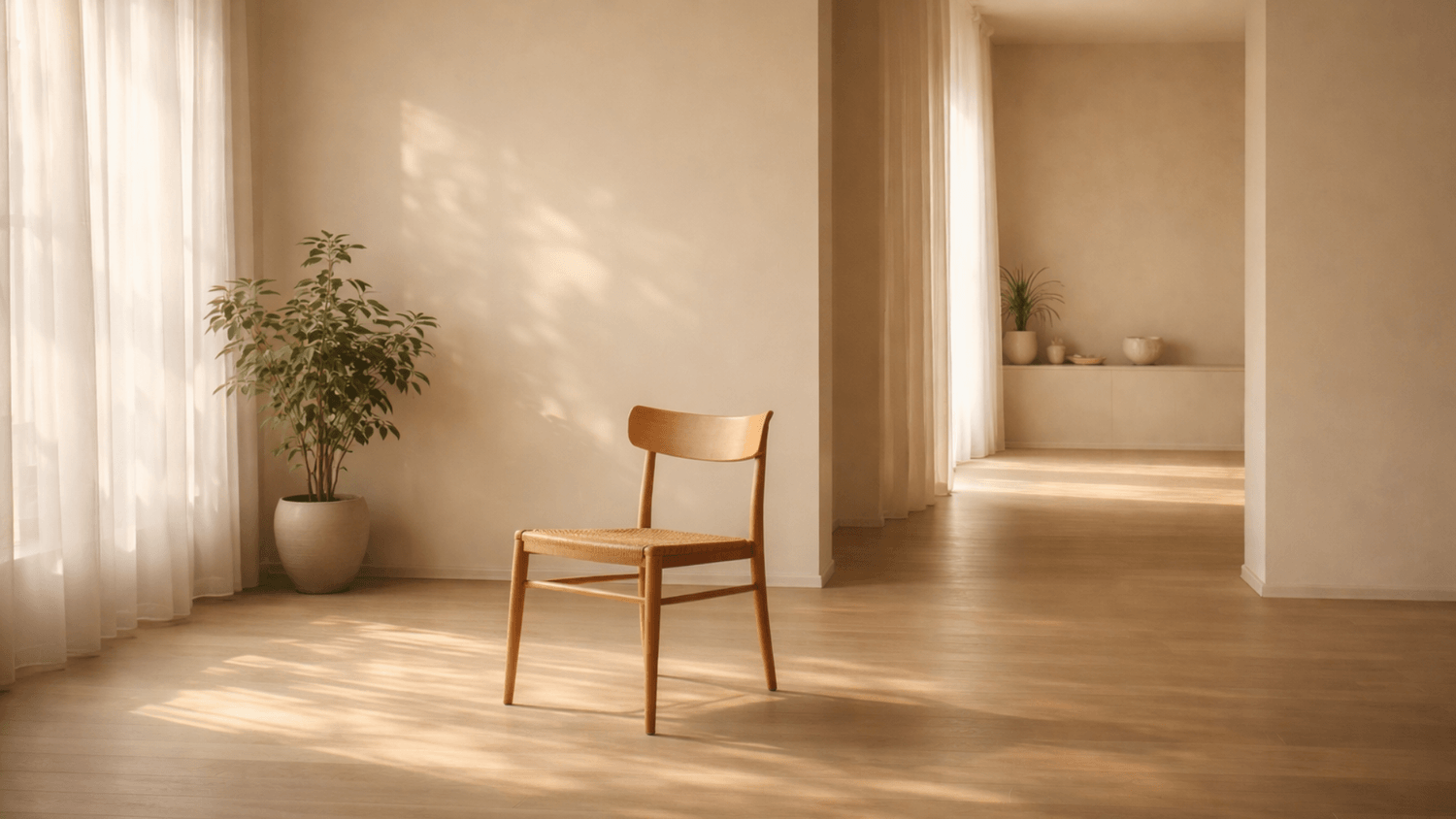 Minimal interior space with soft sunlight and a single chair, representing a calm environment for posture reset and clarity