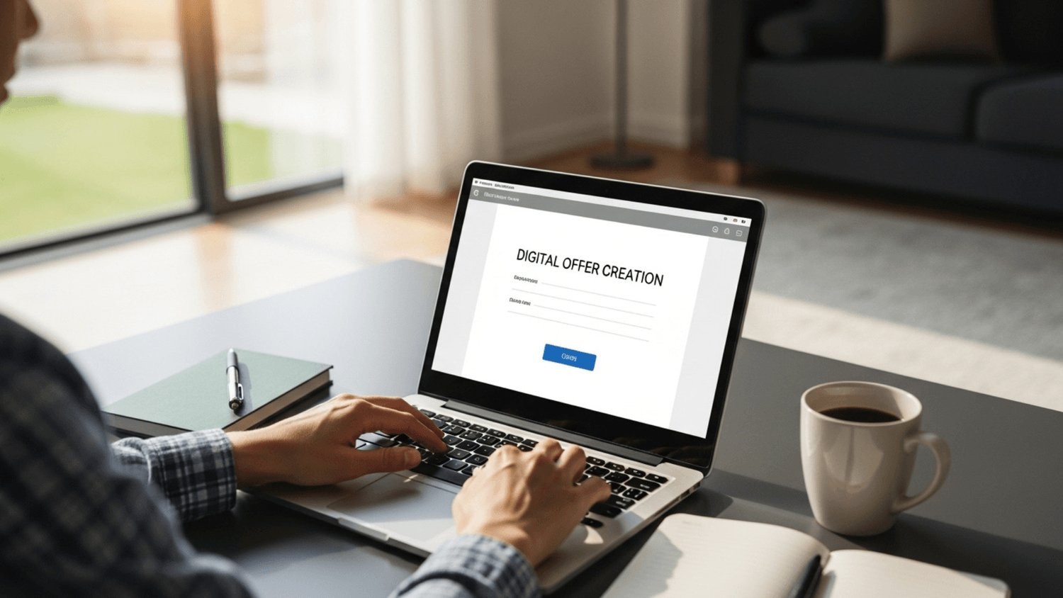 Person working on a laptop creating a simple digital offer in a clean home workspace with notebook and coffee nearby
