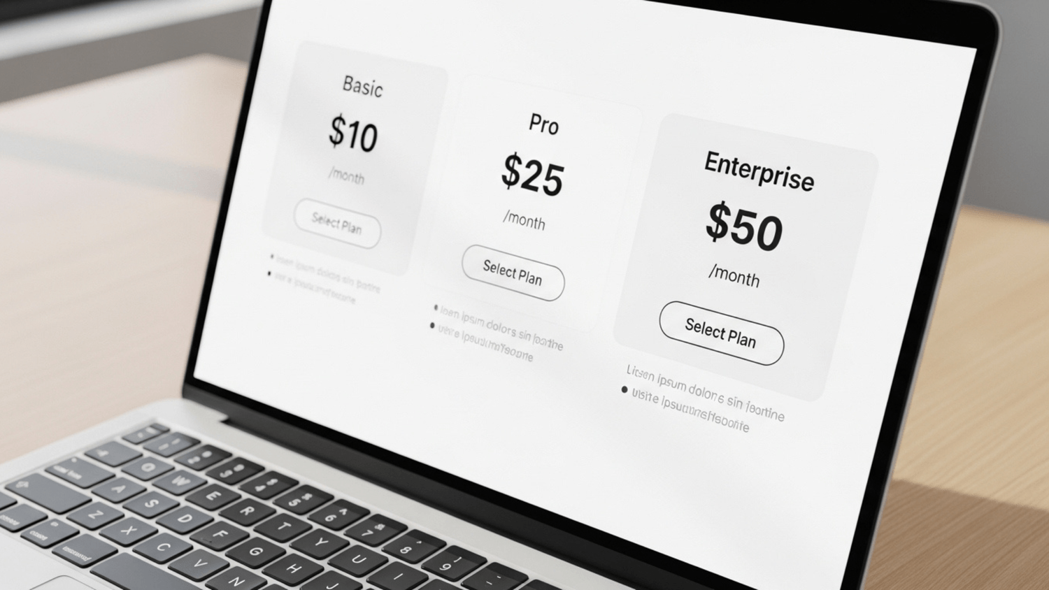 Laptop displaying a simple pricing and checkout setup on a clean desk with soft natural lighting