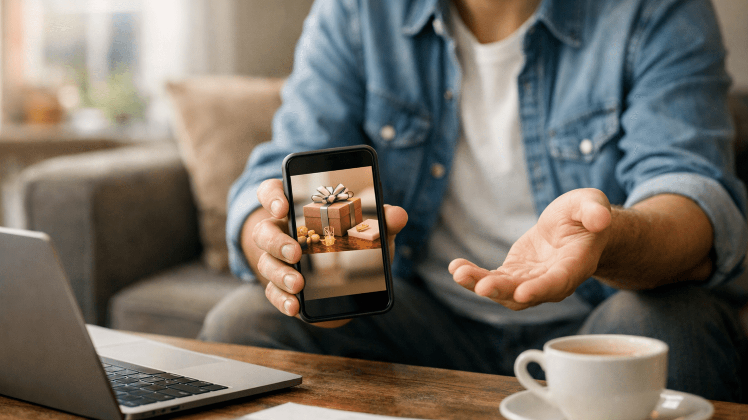 Person holding a phone and presenting an offer in a casual indoor setting with natural light