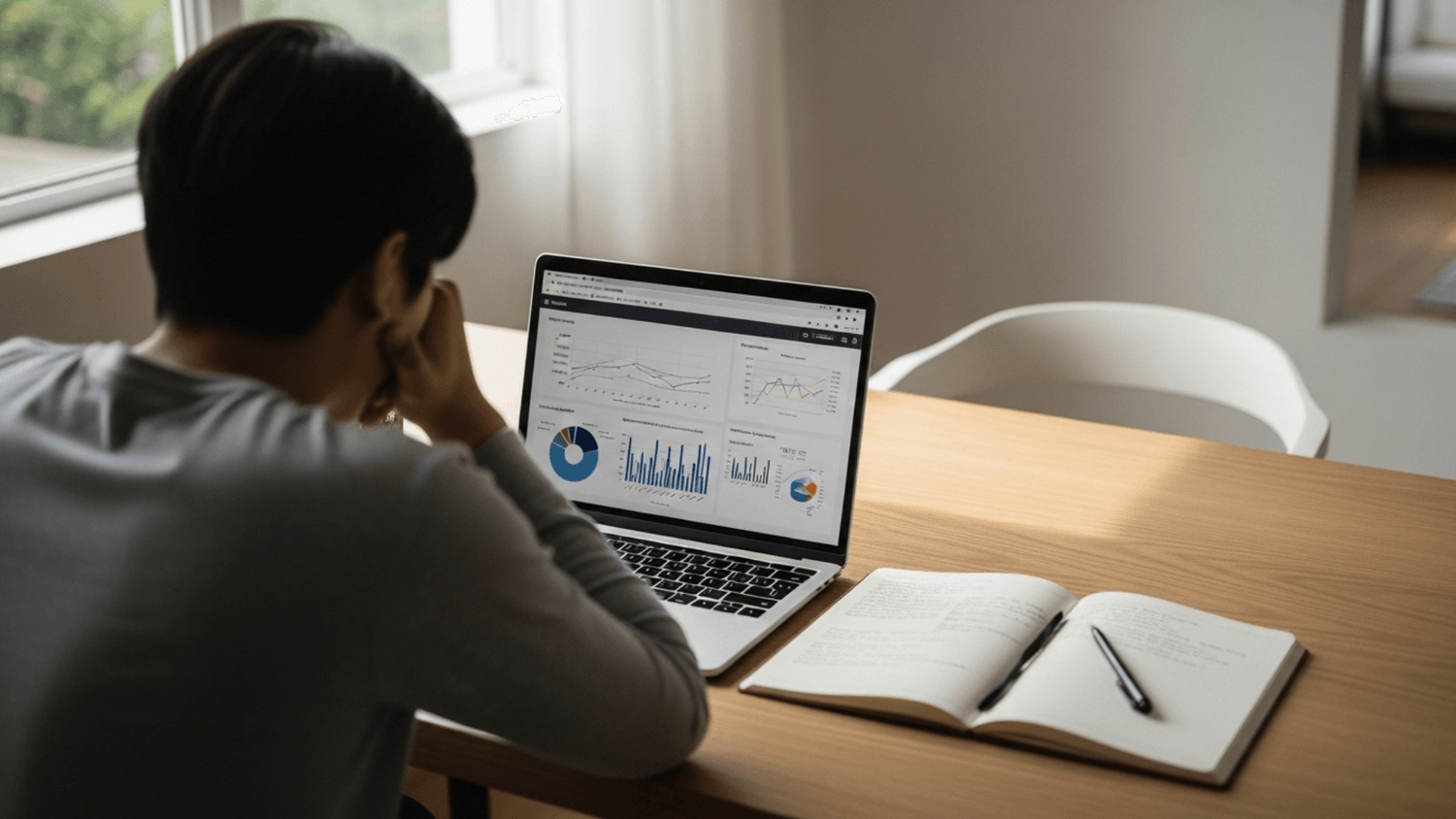 Person sitting at a desk reviewing results on a laptop with a notebook nearby in a calm and focused workspace