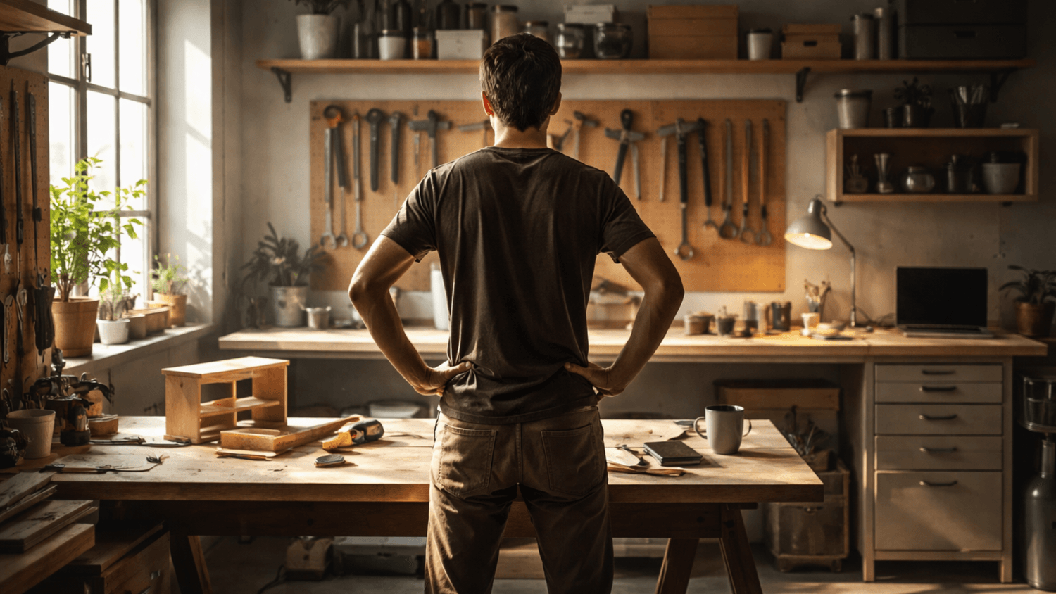 Person standing confidently in a clean workspace after completing a small successful task with natural light
