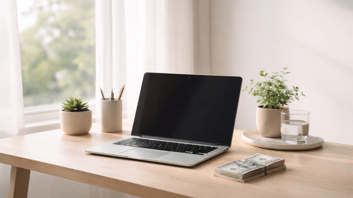 Minimal desk setup with a laptop and cash placed beside it, representing a validated idea and clear progress