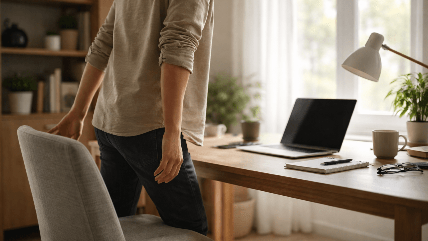 person standing up from a desk in a modern workspace with natural light symbolizing breaking mental stagnation
