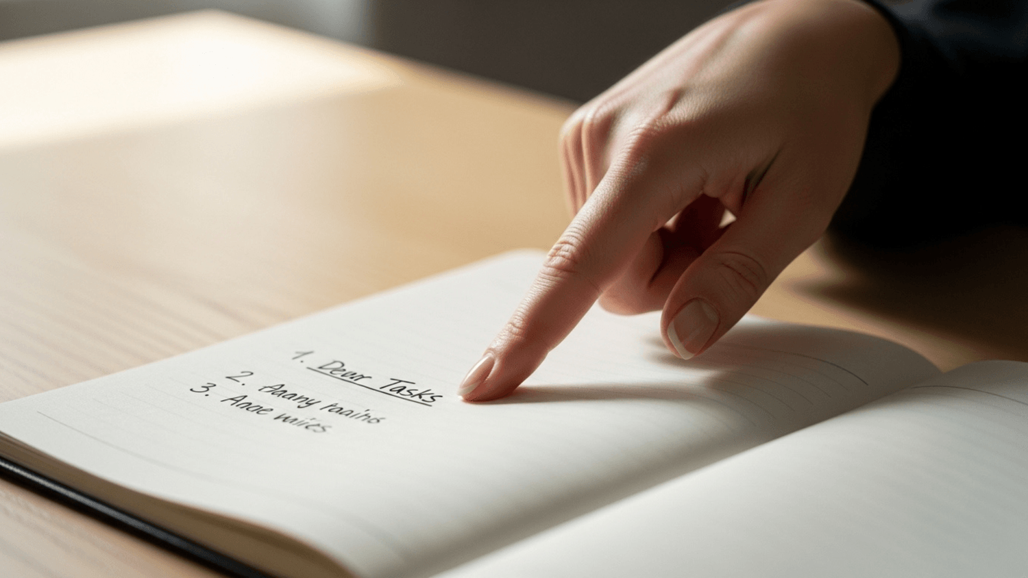close-up of a hand pointing at a simple to-do list in a notebook emphasizing focus on one task