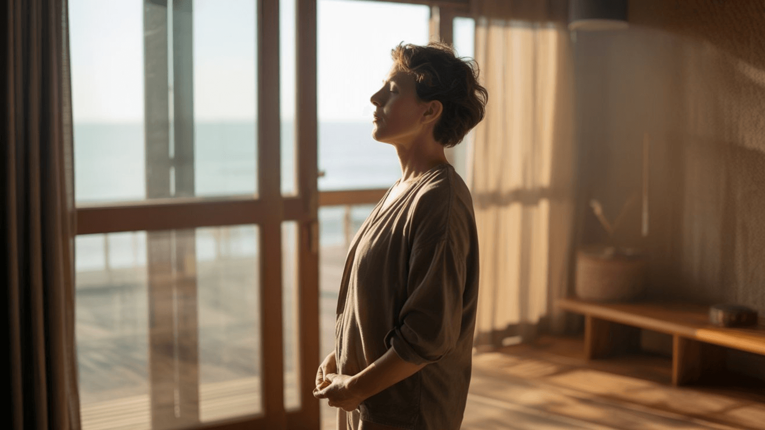 person standing near a window taking a deep breath in a calm room with soft natural light