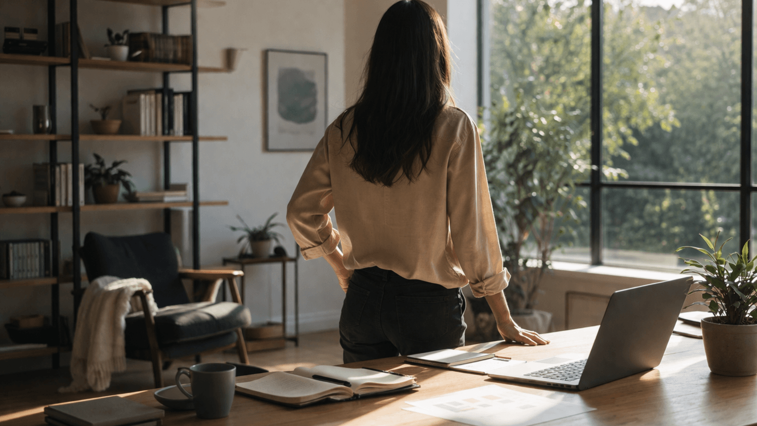 person standing confidently in a clean workspace with natural light symbolizing clarity and momentum after action