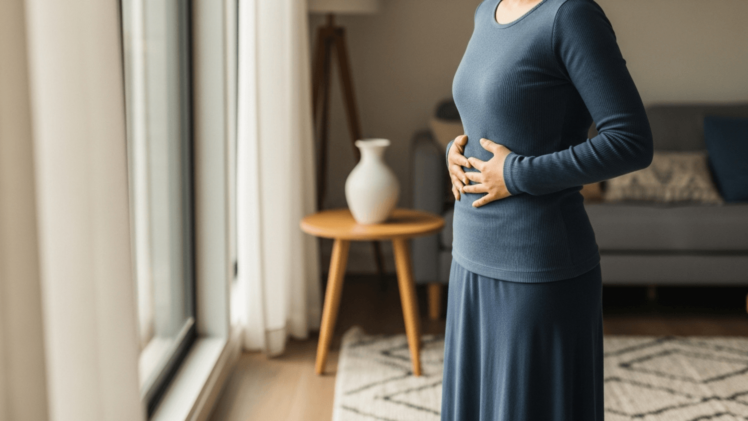 person placing hands on abdomen while taking a deep breath near a softly lit window