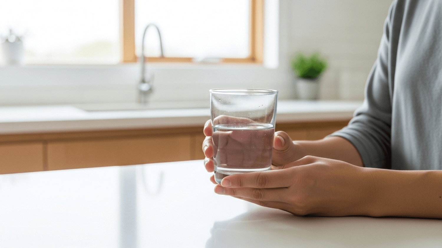 hands holding a glass of water in a bright kitchen with natural light symbolizing hydration