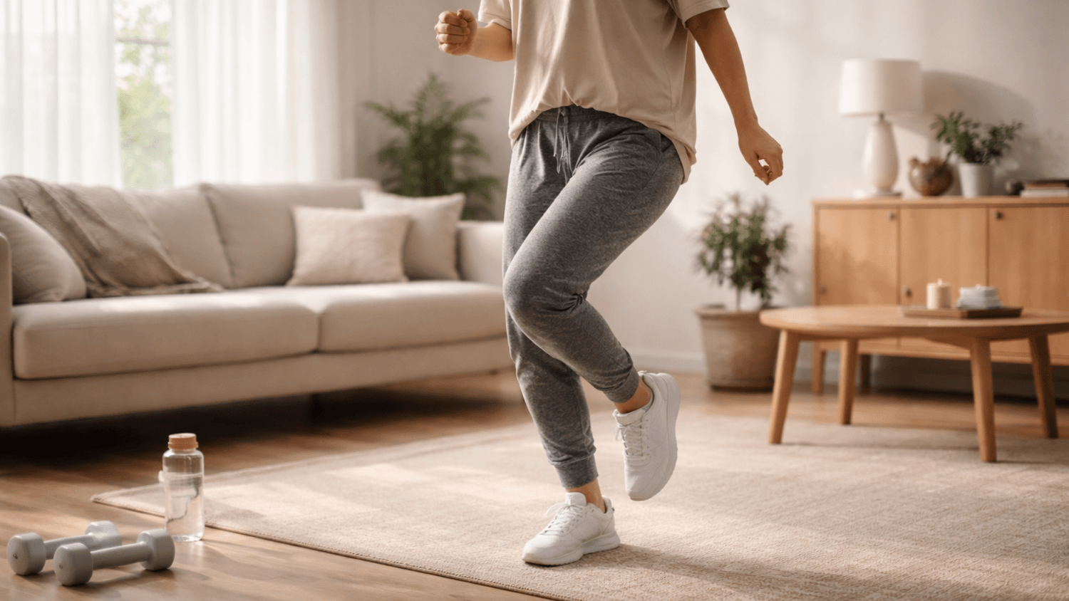 person doing light movement exercise in a cozy living room with natural sunlight