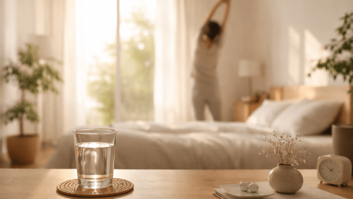 glass of water on a table with a softly blurred background of a person stretching in morning light