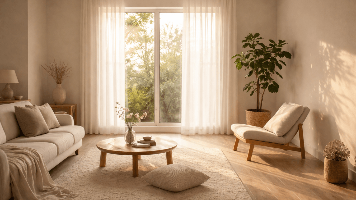 minimal living space with warm sunlight and neutral tones representing a fresh and peaceful energy reset
