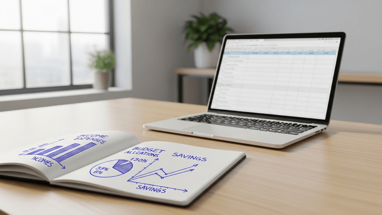 notebook with simple financial plans and a laptop on a clean desk with natural light