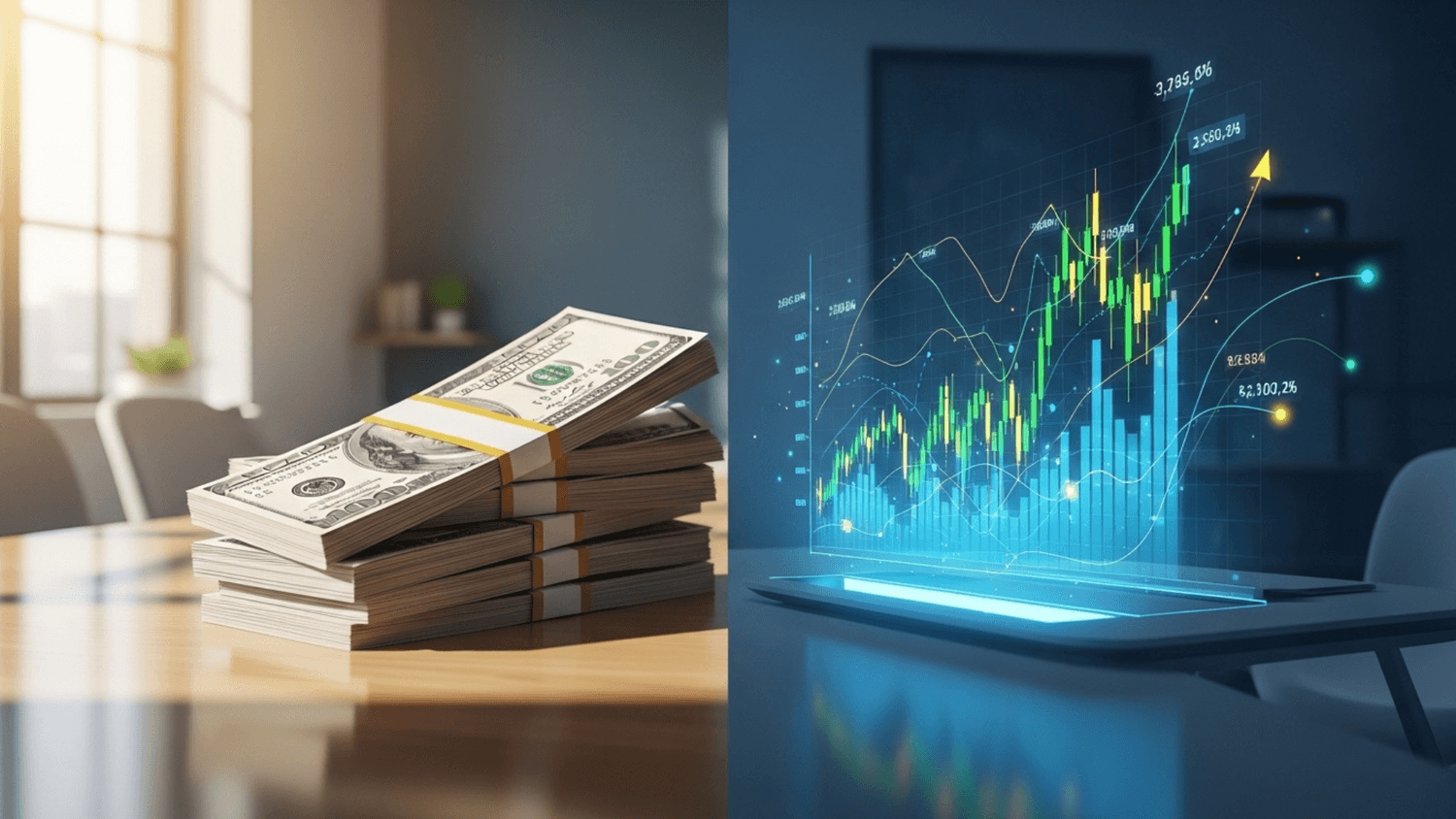 split scene showing stacked cash on one side and rising investment charts on the other representing growth