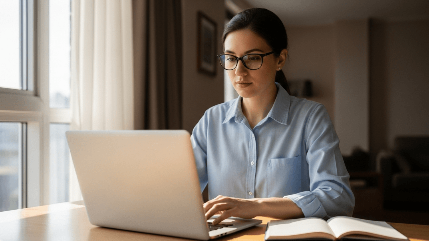 person using a laptop at a desk reviewing financial options in a calm home workspace