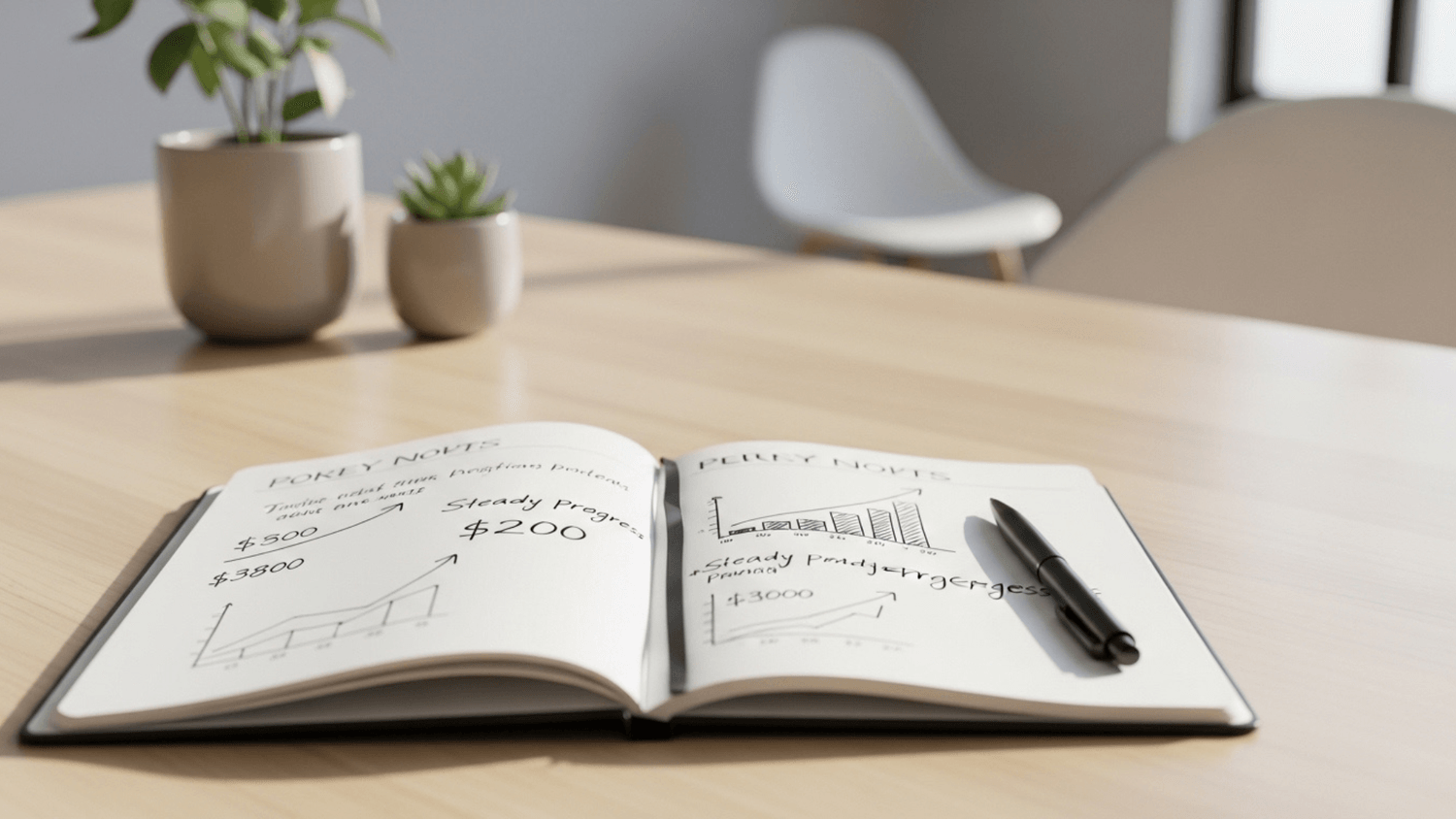 notebook with financial notes on a clean desk symbolizing steady progress and discipline
