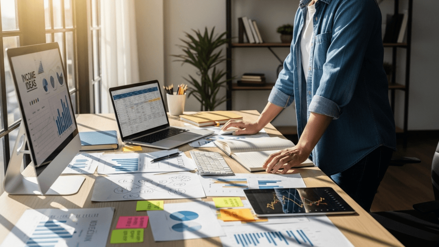 person standing in a workspace reviewing multiple income ideas with charts and notes on a desk