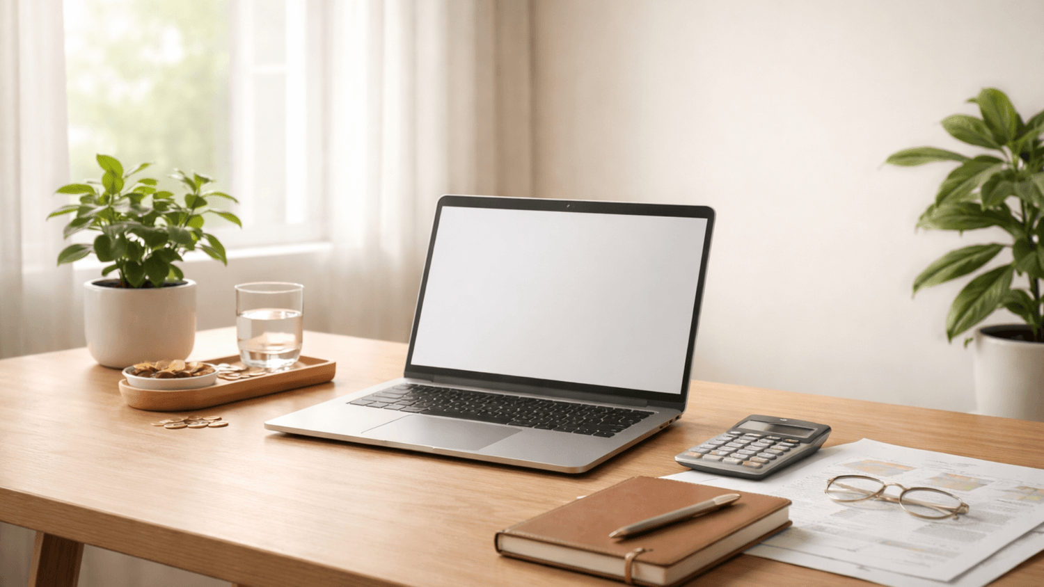 minimal desk setup with laptop notebook and calculator in a bright room representing financial clarity