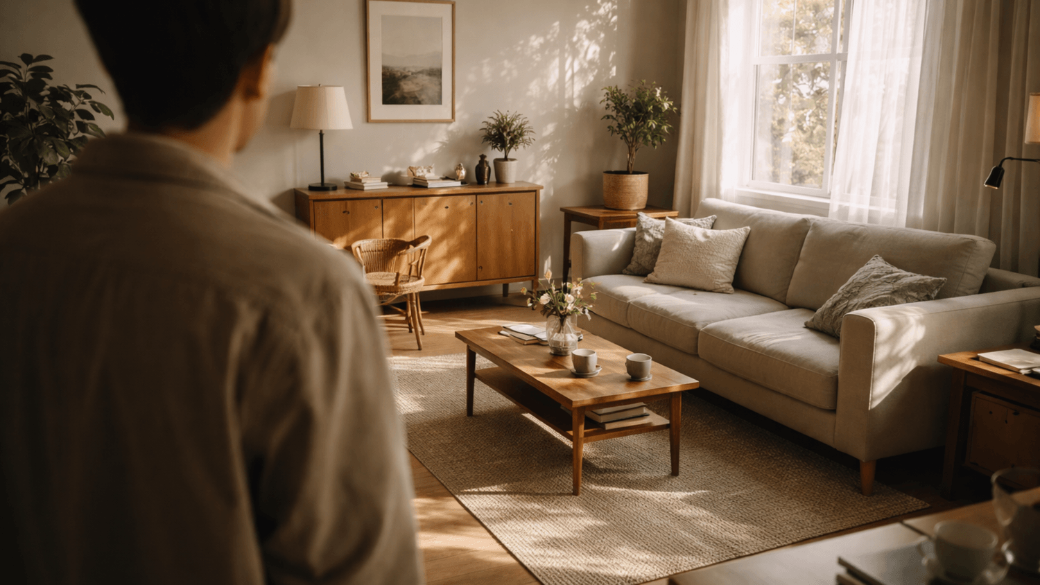 Person observing a calm indoor space with soft natural light, noticing small details in a clean modern room