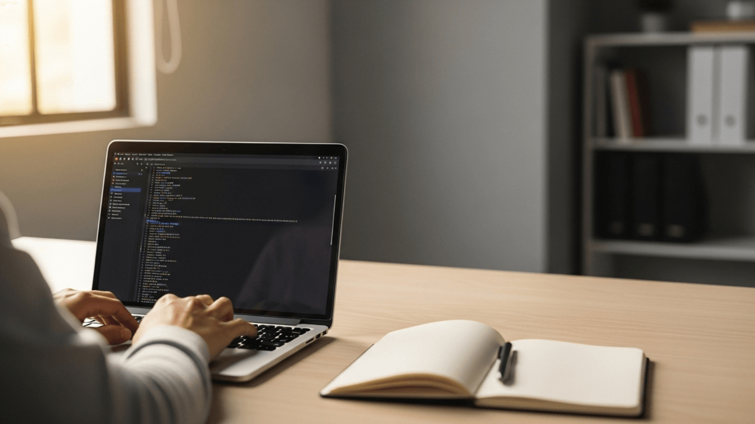 Person typing on a laptop at a minimal desk with a notebook, taking a small focused action in a calm workspace