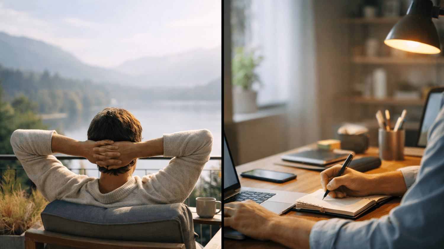 Split scene showing a person breathing calmly on one side and taking productive action at a desk on the other