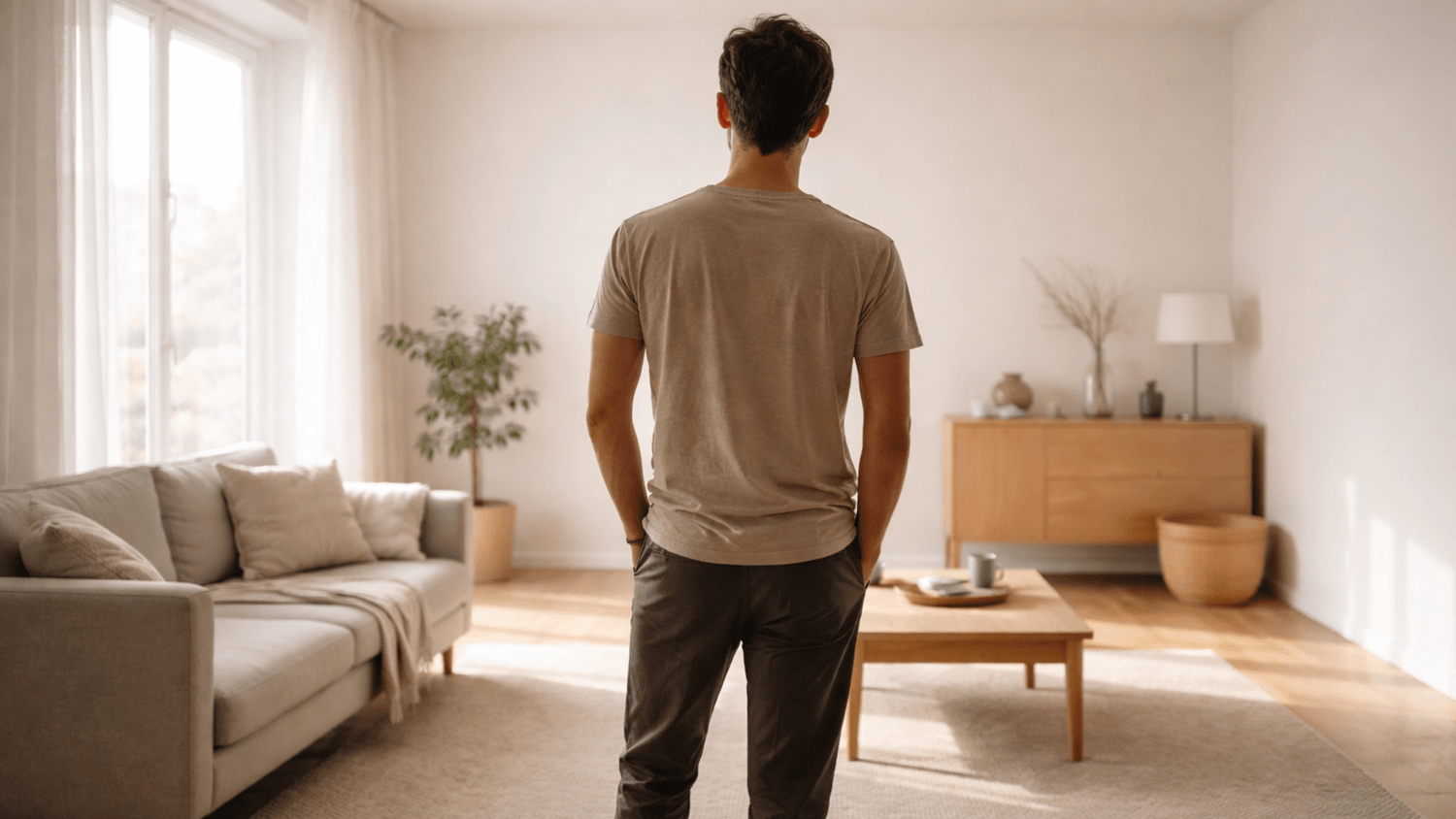Person standing confidently in a softly lit room after regaining focus, with relaxed posture and natural light