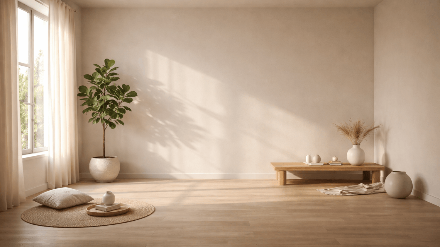 Minimalist interior with soft sunlight and empty peaceful space symbolizing mental clarity and calm reset
