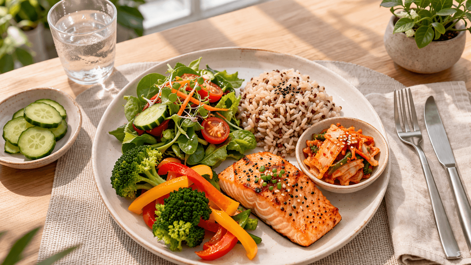 Healthy meal plate with a small serving of fermented vegetables on the side in a clean dining setup