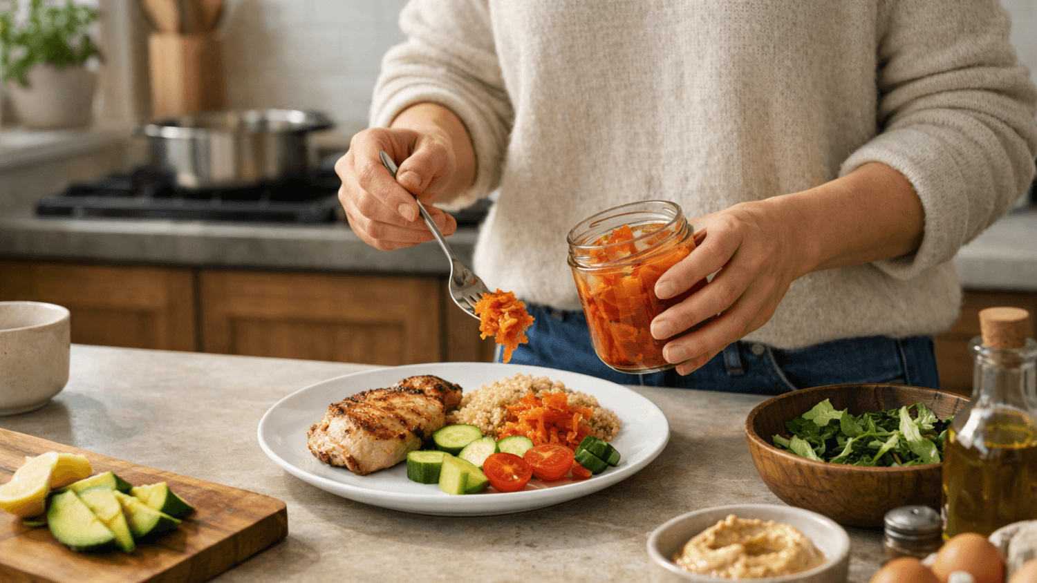 Person adding fermented vegetables to a meal in a modern kitchen with soft natural lighting