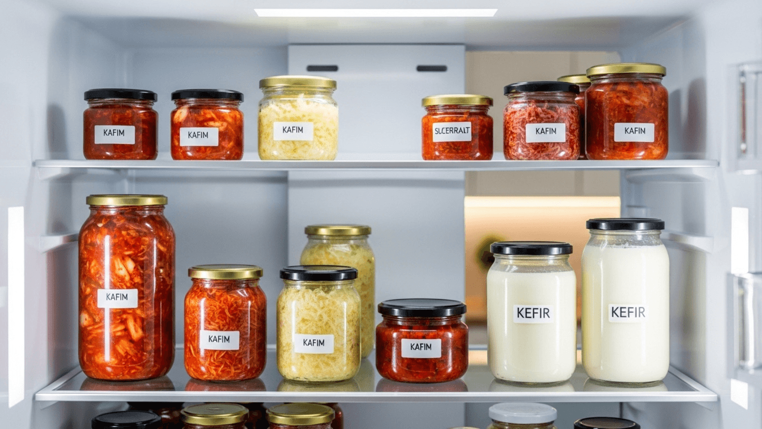 Organized refrigerator with jars of kimchi, sauerkraut, and kefir showing healthy food habits