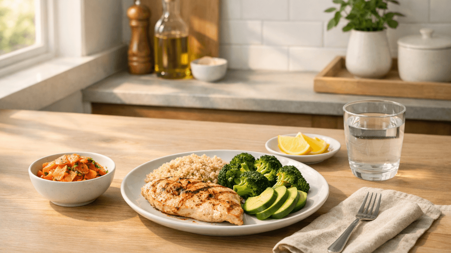 Simple healthy meal on a kitchen counter with a small bowl of fermented vegetables in natural light