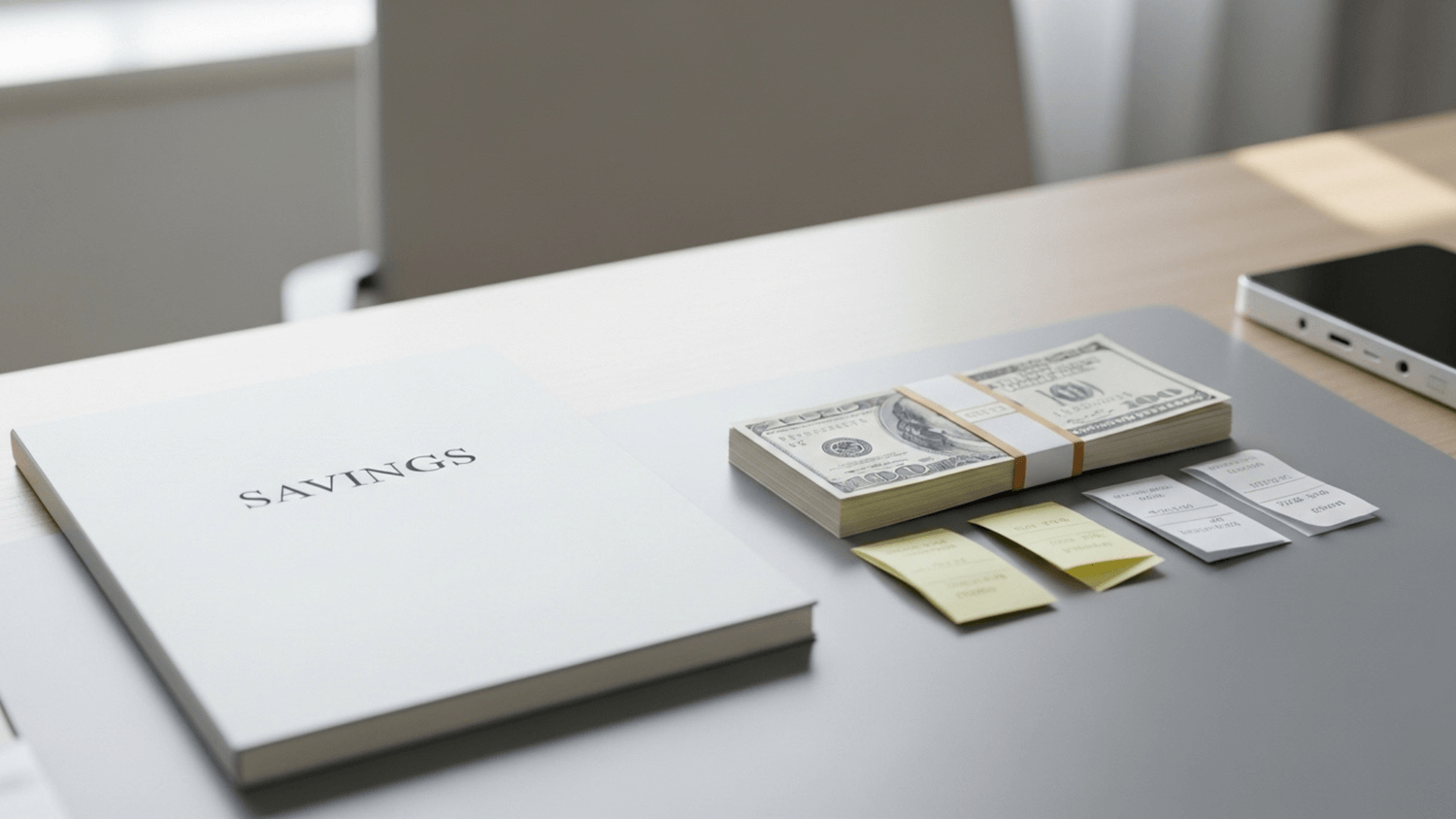 Minimal desk with a savings notebook, cash, and notes representing an emergency fund in a clean workspace