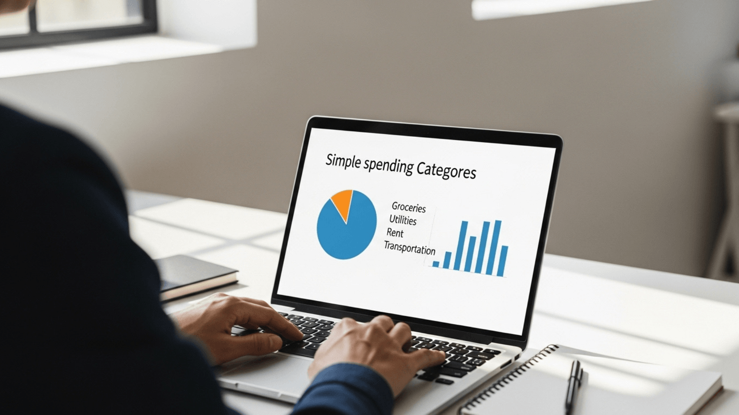 Person reviewing spending categories on a laptop with charts in a clean, well-lit workspace
