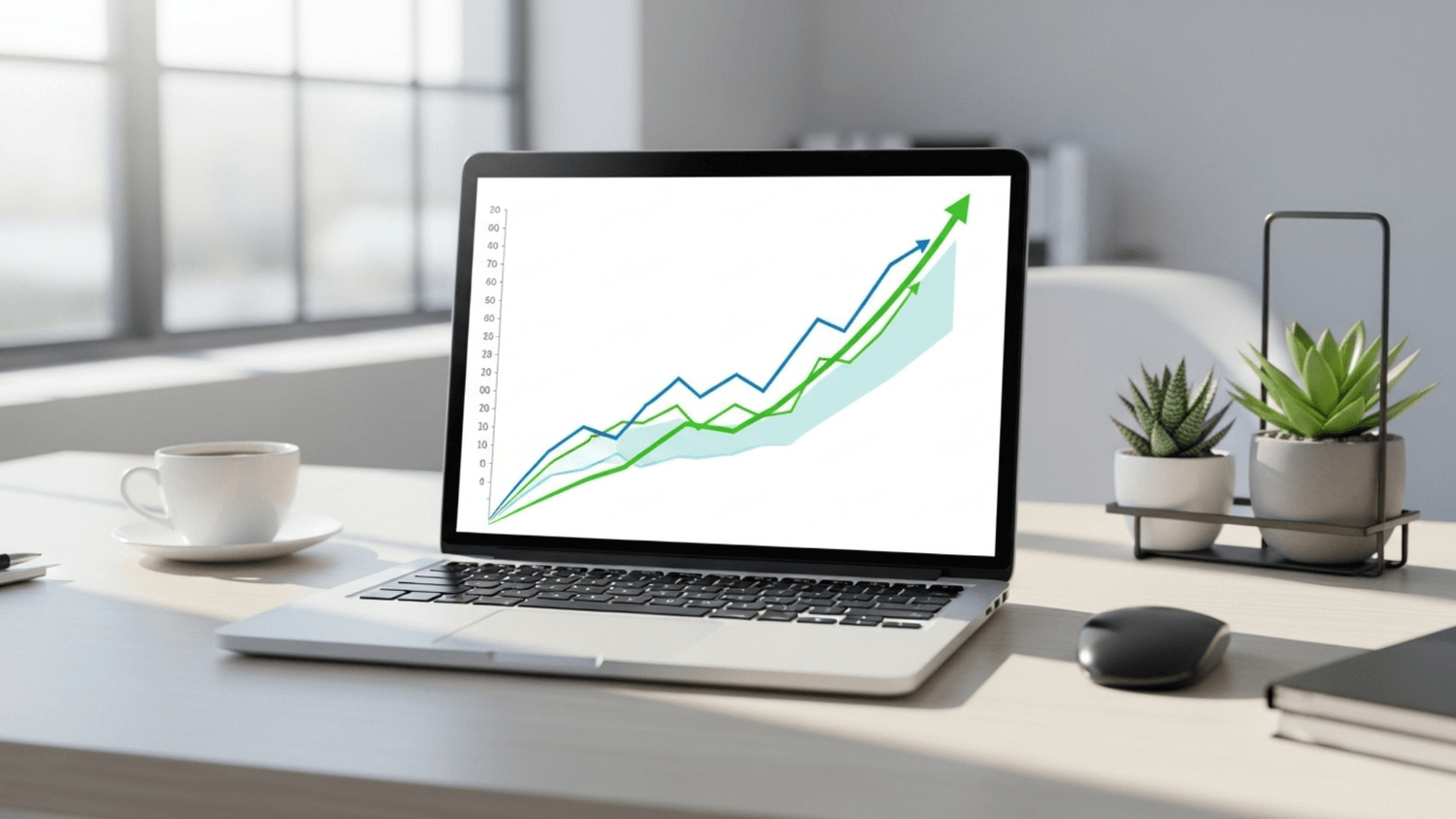 Laptop displaying upward financial growth charts on a modern desk with natural light and minimal setup