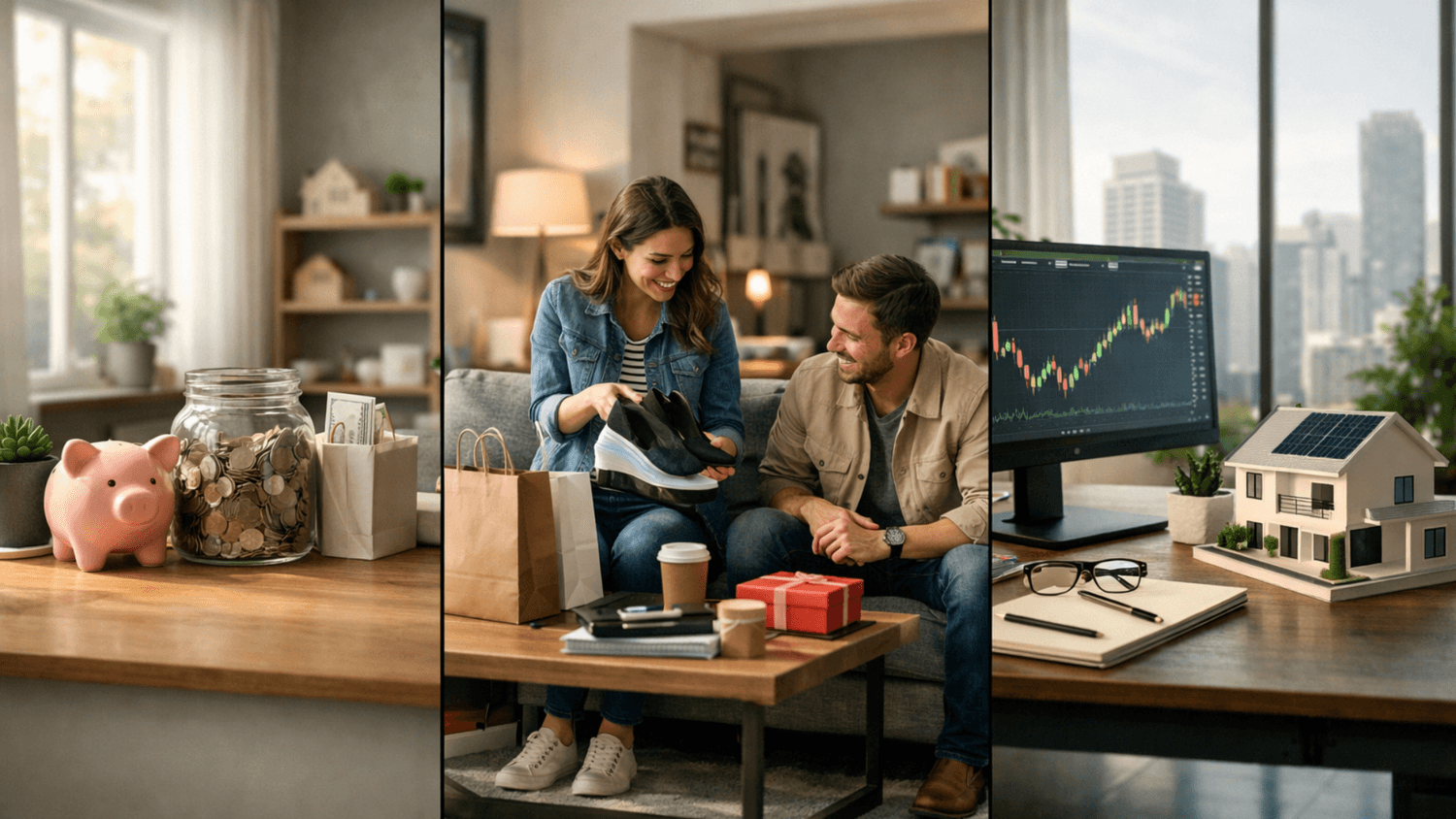 Visual representation of three financial zones for saving, spending, and investing in a clean modern setting