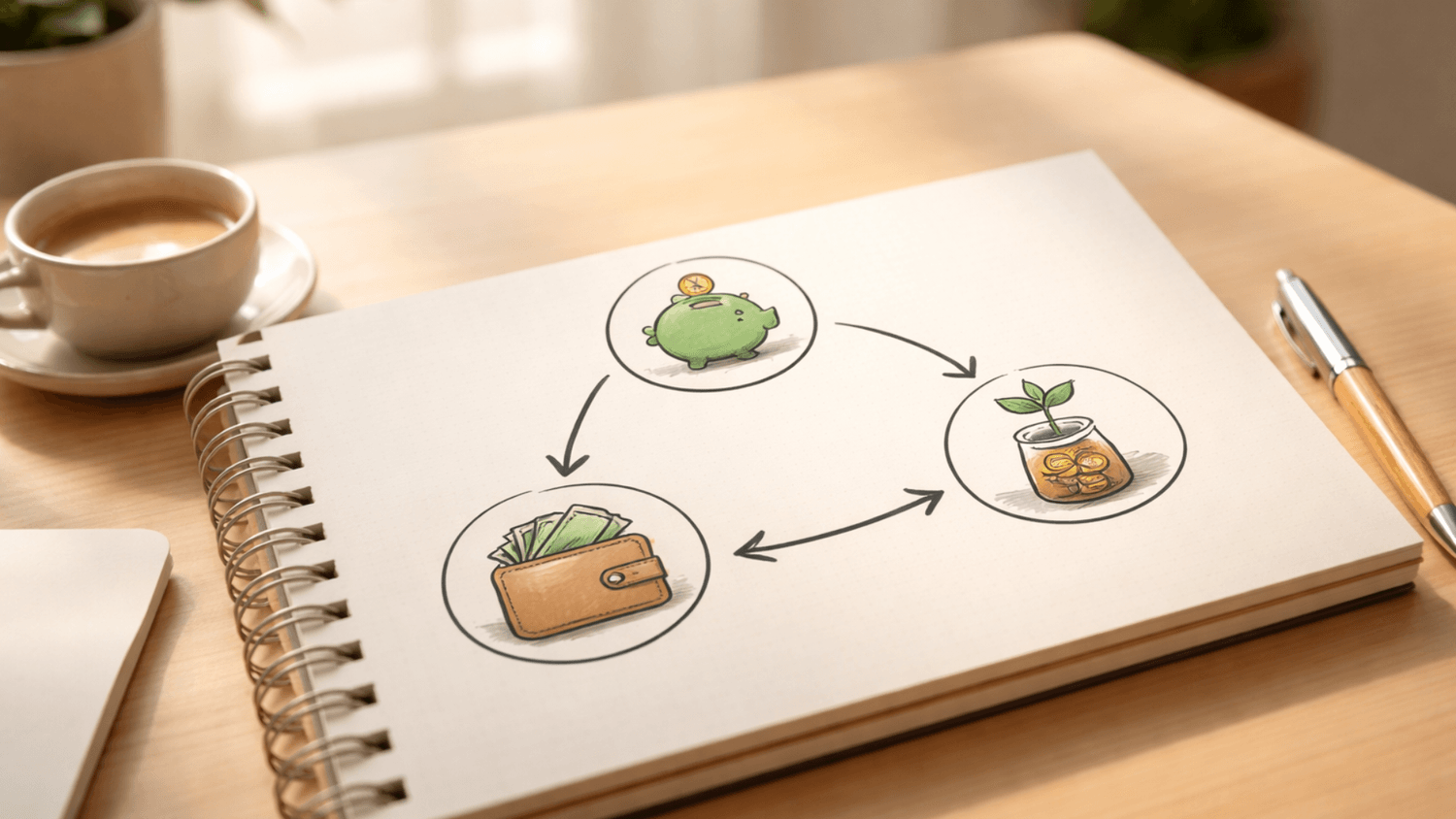 Close-up of a notebook illustrating a three-account money flow plan with arrows between saving, spending, and growth