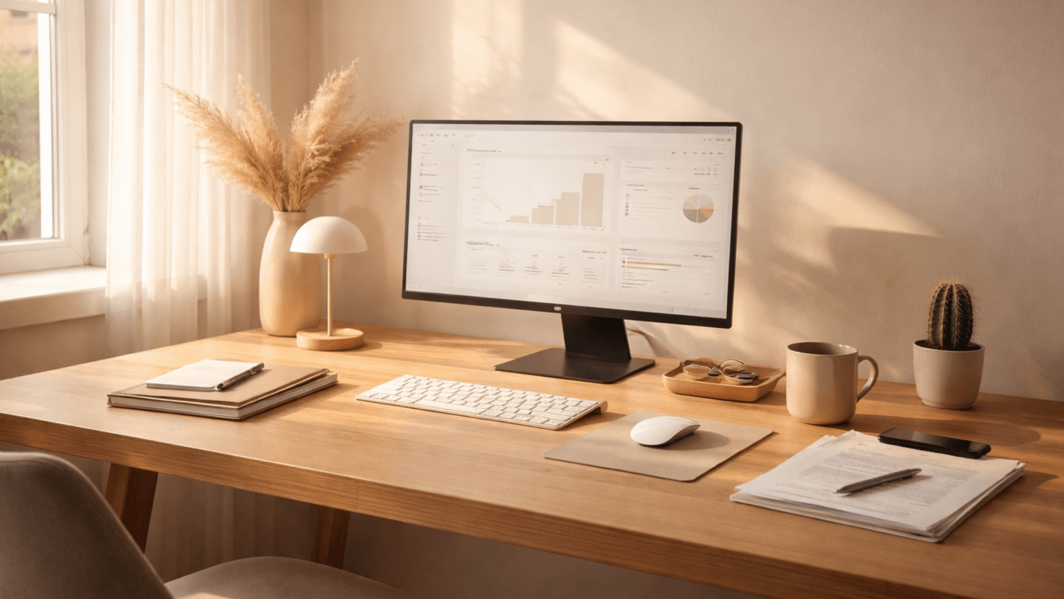 Minimalist workspace with soft sunlight and an organized desk symbolizing financial clarity and control
