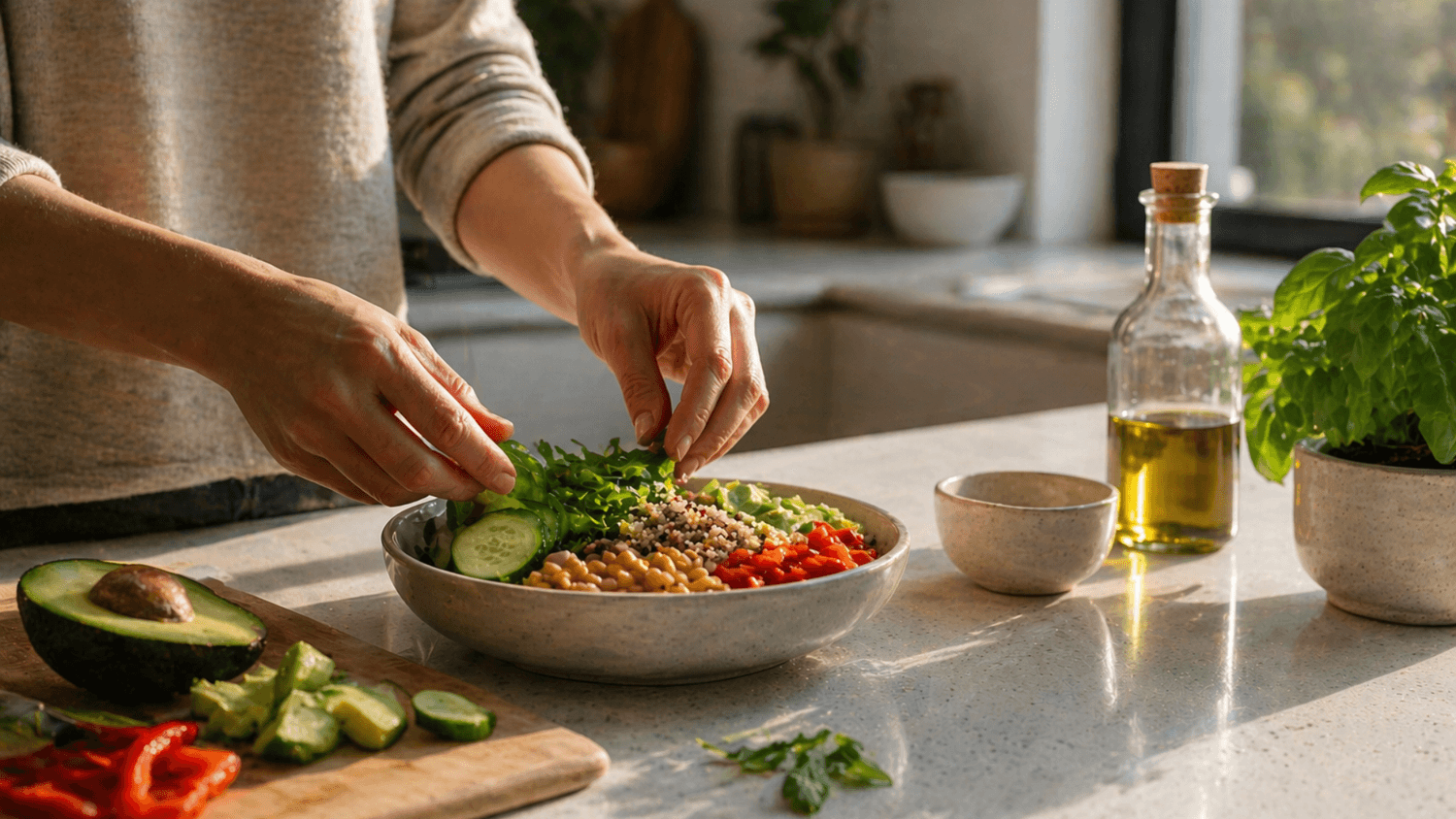 Hands preparing a simple healthy meal on a clean kitchen counter with natural sunlight creating a calm and intentional atmosphere