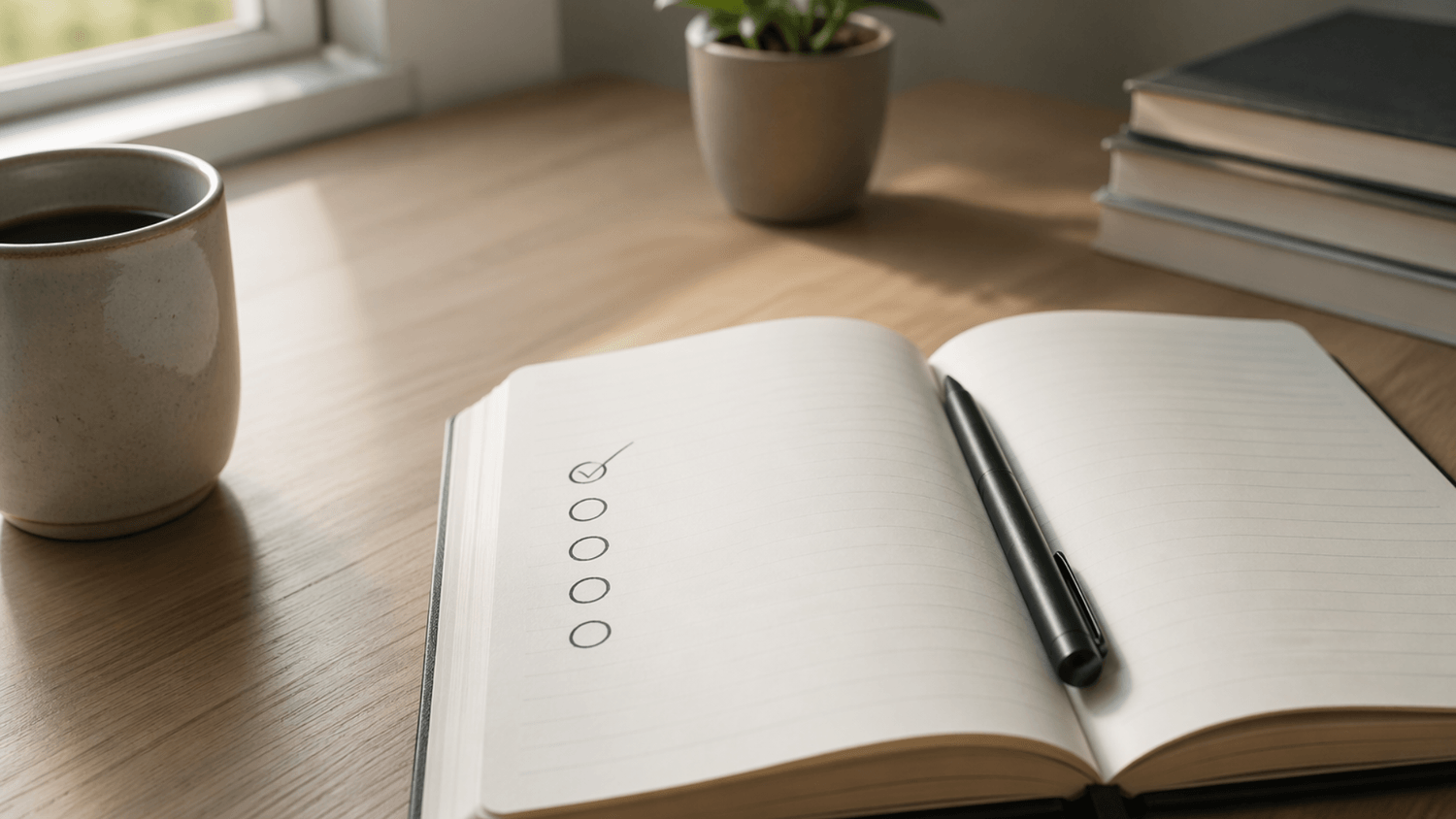 Open notebook on a minimalist desk showing a checklist with one task completed in soft natural light