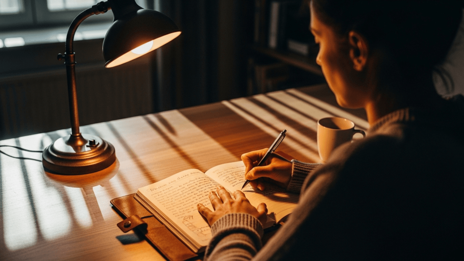 Person writing in a journal at a desk under warm lamp light in a quiet focused environment