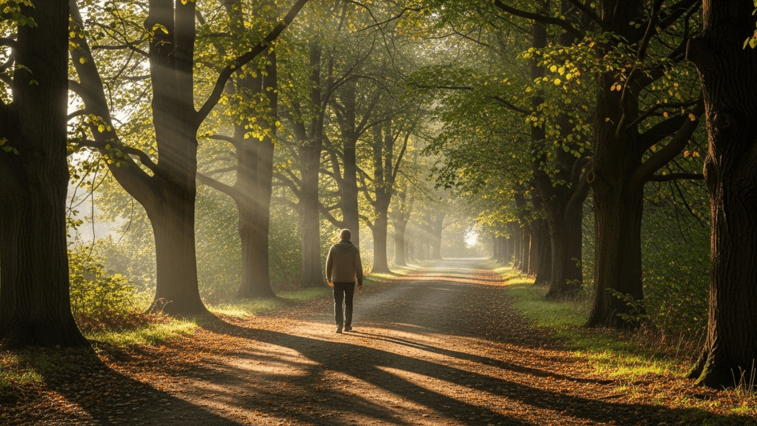 Person walking along a tree-lined path with soft morning light and long shadows representing steady progress