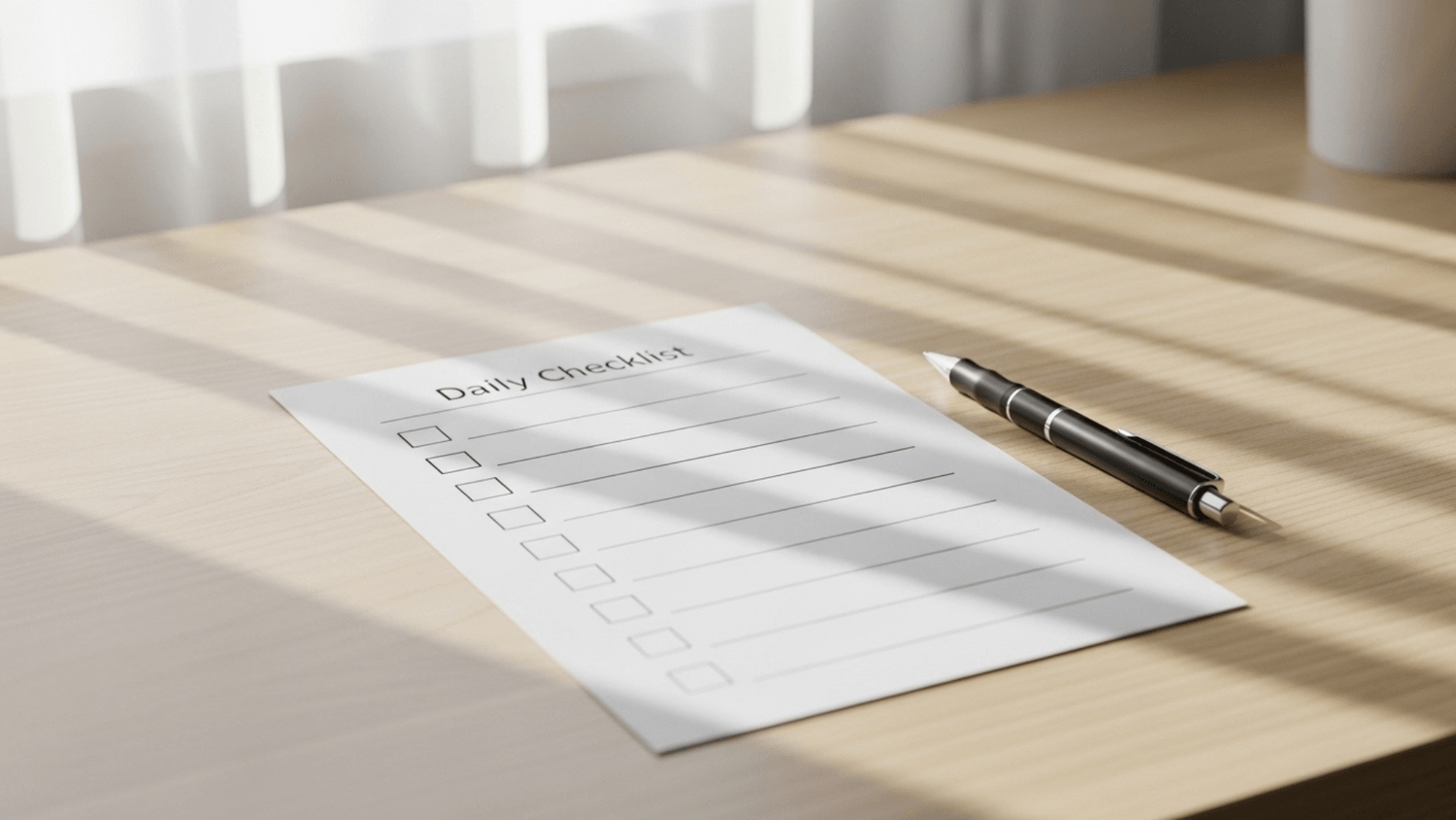 Minimal desk with a daily checklist and pen resting beside it in soft natural light symbolizing routine and consistency