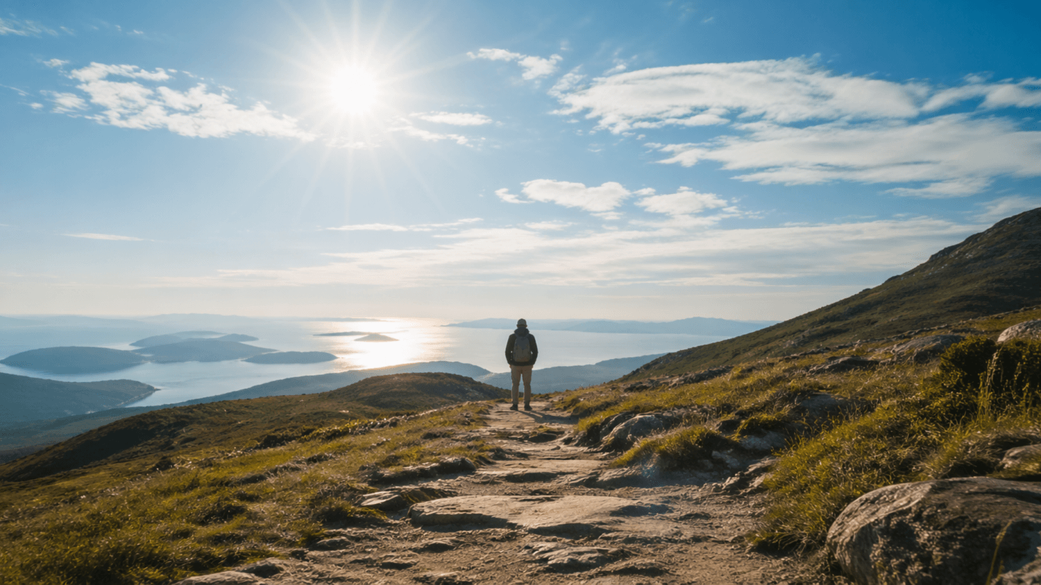 Person standing further along a path under brighter sunlight showing progress and forward movement on a journey